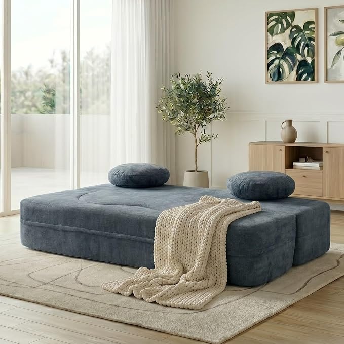 Vongrasig 77” Convertible Sofa Bed, Folding Boneless Couch, Floor Sofa 2-in-1 Curved Couch for Small Living Room, Apartment, Guest Room, Blue
