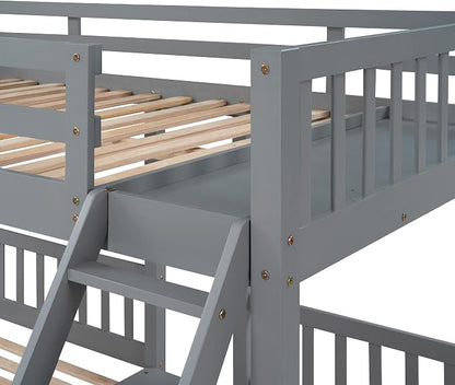 Wood Triple Bed Bunk Bed with 2 Storage Drawers, 3-in 1 Full Over Twin & Twin Bunk Bed Frame with Built-in Middle Drawer, Guardrail Ladder for Kids Teens Adults, Maximized Space Design (Grey1-full)