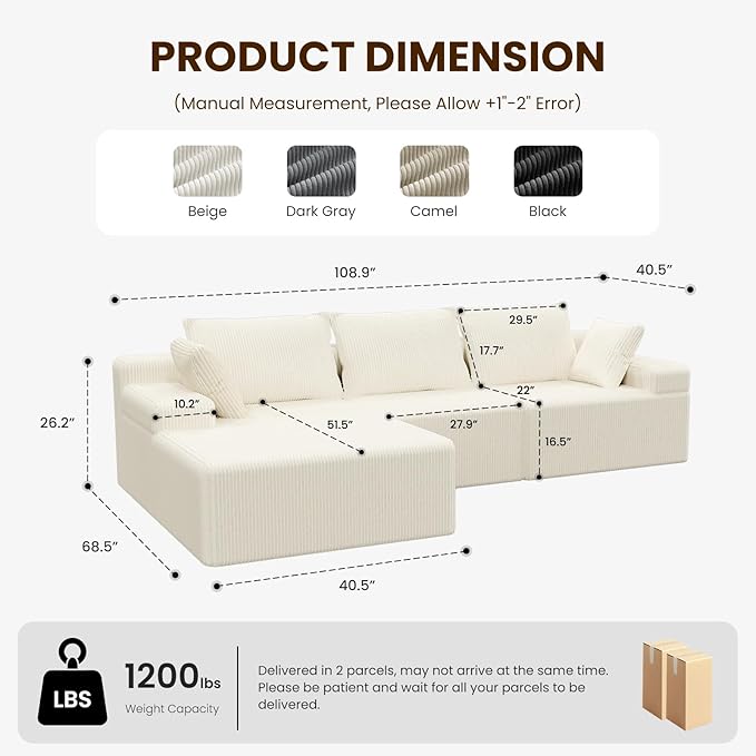 kinmars 108" Boneless Sectional Couch,Corduroy Cloud Couch Sectional for Living Room,Modern L Shaped Modular Sectional Couch,3 Seater Sofa (Beige, 108.9" L Shaped with Left Facing Chaise)