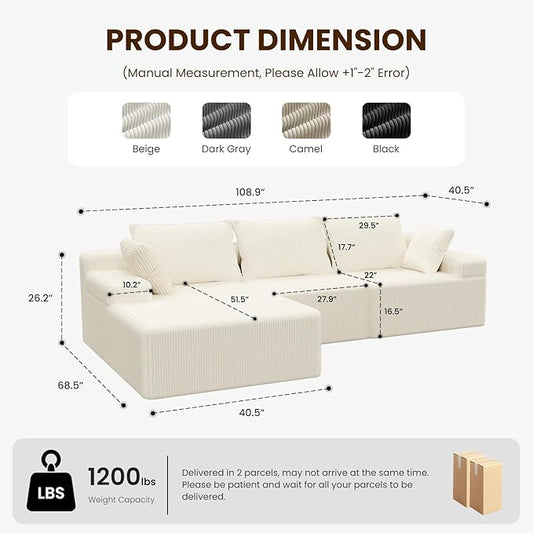kinmars 108" Boneless Sectional Couch,Corduroy Cloud Couch Sectional for Living Room,Modern L Shaped Modular Sectional Couch,3 Seater Sofa (Beige, 108.9" L Shaped with Left Facing Chaise)