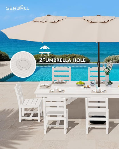 SERWALL 9 Piece 84" HDPE Outdoor Dining Set for 8 with Armless Chairs and Umbrelle Hole, White