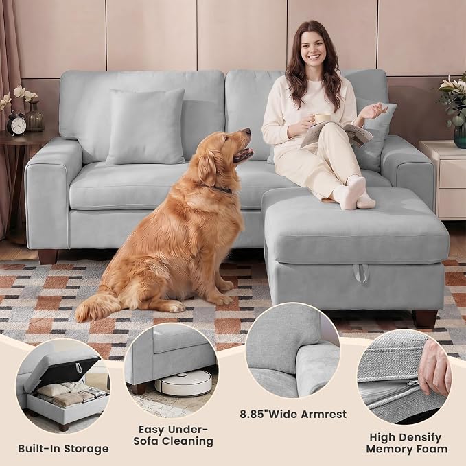 DOPEDIO L-Shaped Sectional Sofa with Storage Ottoman, Modern Chenille Recliner Loveseat, Removable Couch Covers, Pocket Spring Cushions, Solid Wood Frame, Easy to Install (88.58inch, Light Gray)