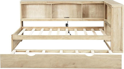 Bellemave Twin Corner Bed Frame with Trundle and USB Ports, Wood Twin Size Daybed with L-Shaped Bookcase，Daybed with Storage Cabinets, Wood Color