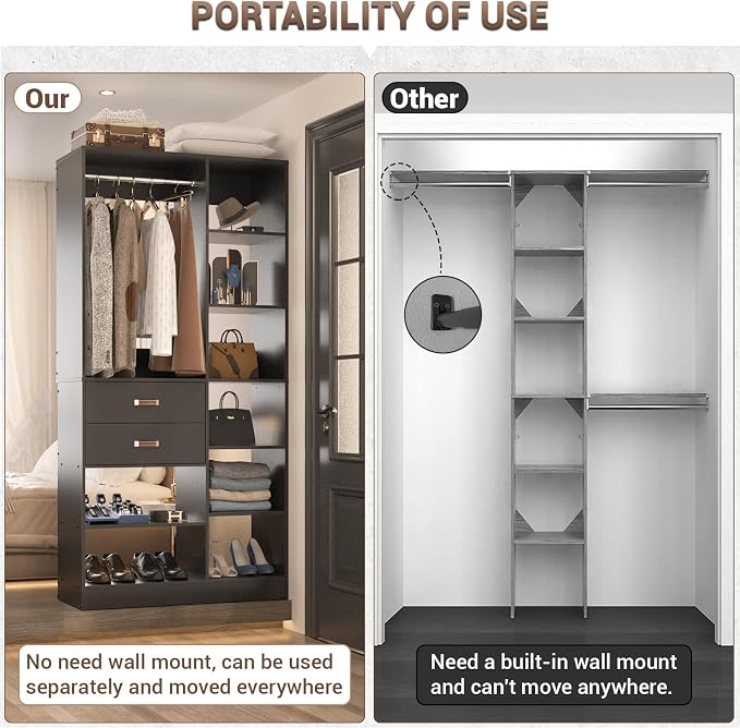Armocity Freestanding Closet System, 40 Inches Stand-Alone Wardrobe with 10 Shelves, 80'' Height Adjustable Cloth Garment Rack with 2 Wood Drawers, Wood Walk-in Closet with Hanging Rod, Black