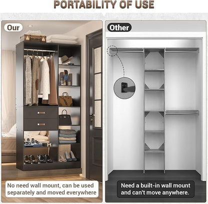 Armocity Freestanding Closet System, 40 Inches Stand-Alone Wardrobe with 10 Shelves, 80'' Height Adjustable Cloth Garment Rack with 2 Wood Drawers, Wood Walk-in Closet with Hanging Rod, Black