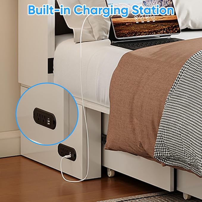 PUREMIND Murphy Bed Queen with Mattress Included, Farmhouse Frame Cabinet Beds Chest with Charging Station & Storage Drawers, Convertible Hideaway Cabinet Bed for Guest Room, White