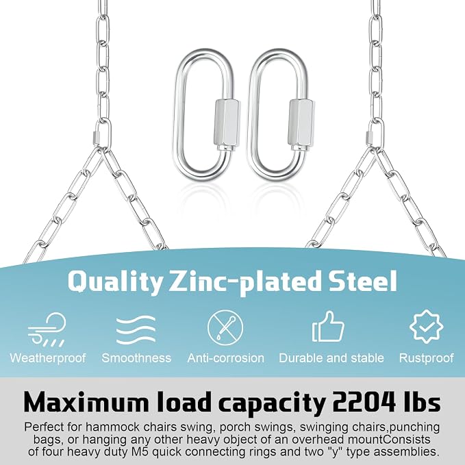Heavy Duty Porch Swing Hanging Chain Kit (2 Pack) 1500 Lbs Capacity, Up to 7.1ft Length- Rustproof Zinc-Plated, 4 Quick Links & 2 Y-Chain Assemblies, Indoor/Outdoor Hanging Hardware(Silver)