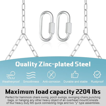 Heavy Duty Porch Swing Hanging Chain Kit (2 Pack) 1500 Lbs Capacity, Up to 7.1ft Length- Rustproof Zinc-Plated, 4 Quick Links & 2 Y-Chain Assemblies, Indoor/Outdoor Hanging Hardware(Silver)