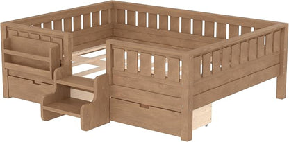 Bellemave Full Size Bed Frame with Storage Drawers & Bookshelf, Low Profile Kids Bed with Staircase & Full Length Guardrails, Solid Wood Full Size Bed Frame Kids with Slats Load 450 LBS, Oak Brown