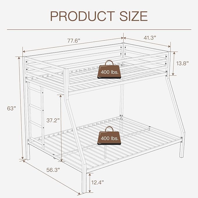 ikalido Metal Loft Bunk Bed Twin Over Full Size with Landder, Cream White | Safety Guardrail,No Box Spring Needed, Space Saving Bedroom Furniture
