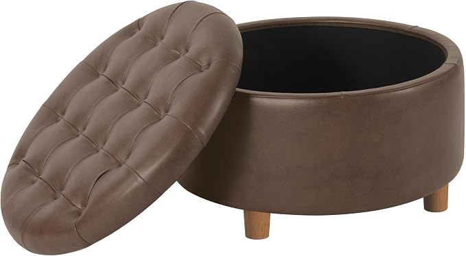 HomePop 28" Button Round Storage Ottoman - Brown Faux Leather