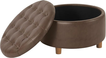 HomePop 28" Button Round Storage Ottoman - Brown Faux Leather