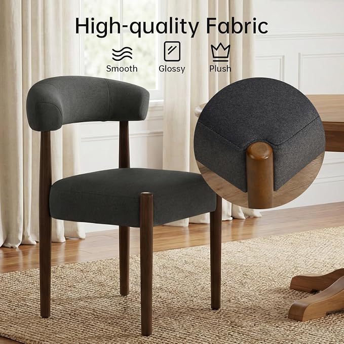 VKNOW Wooden Dining Chairs Set of 4, Modern Upholstered Dining Room Chairs with Walnut Wood Legs and Curved Backrest, Fabric Kitchen Chairs for Farmhouse/Living Room/Dining Room, Charcoal