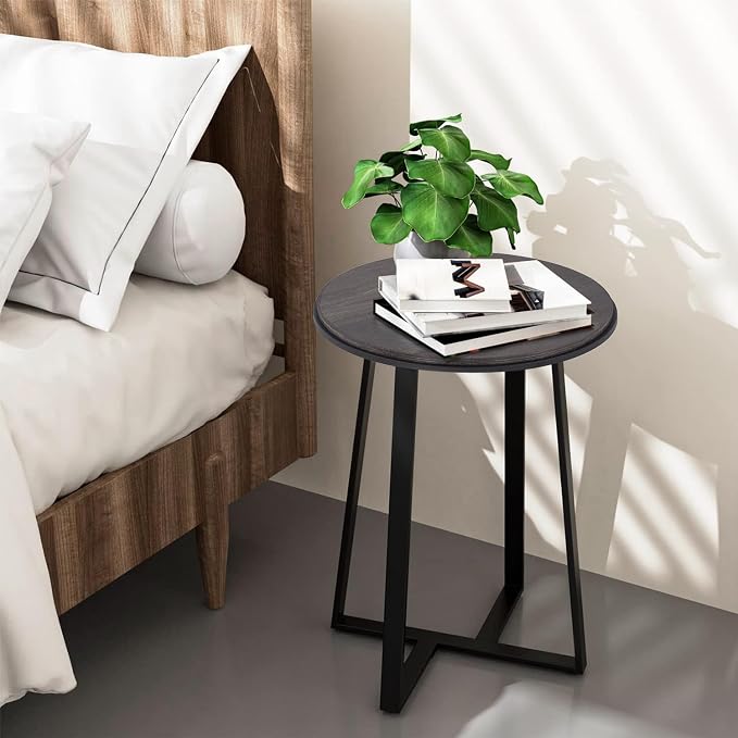 Dorriss Round End Table, Small Side Table Grey Color MDF Top, Metal Frame Black, Tall End Side Table for Bed Room, Coffee Tea End Table for Living Room(Round Grey)