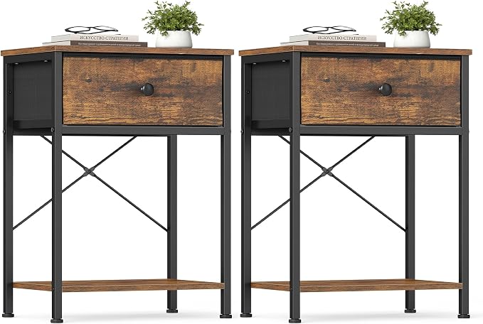 SONGMICS Bedside Table, Side Table with Drawer, Nightstand with Lower Shelf, for Bedroom, Living Room, 11.8 x 15.6 x 23.8 inches, Set of 2, Rustic Brown, BELLAH Collection ULGS111K101S