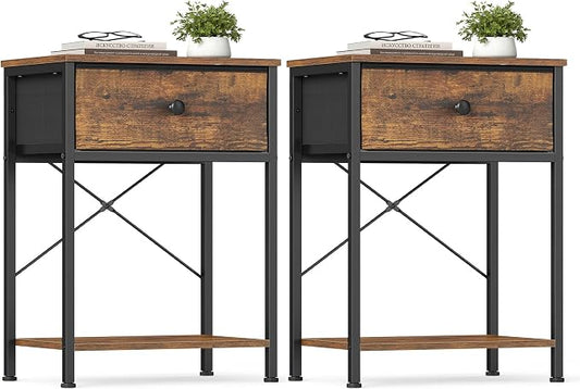 SONGMICS Bedside Table, Side Table with Drawer, Nightstand with Lower Shelf, for Bedroom, Living Room, 11.8 x 15.6 x 23.8 inches, Set of 2, Rustic Brown, BELLAH Collection ULGS111K101S