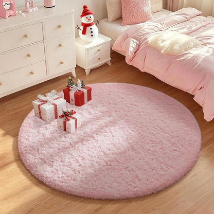 Ophanie Pink Round Rug for Bedroom Girls, Kids Fluffy Kawaii Fuzzy Shag Circle Circular Area Rugs, Cute Plush Christmas Small Carpet 4Ft 4 Foot, for Teen Baby Nursery Home Living Room Decor Aesthetic