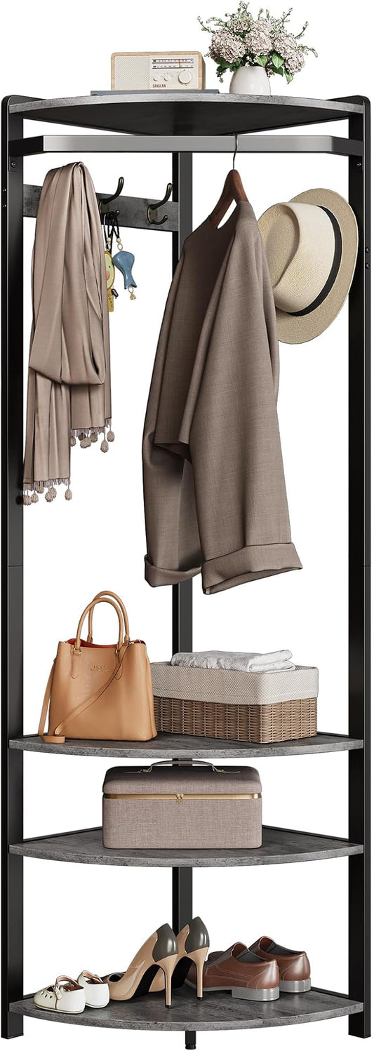 Coat Rack Freestanding with 6 Double Hooks, Shoe Bench & Storage Shelf - Freestanding Hall Tree Organizer for Entryway, Bedroom, Living Room, Space-Saving,Stone Grey