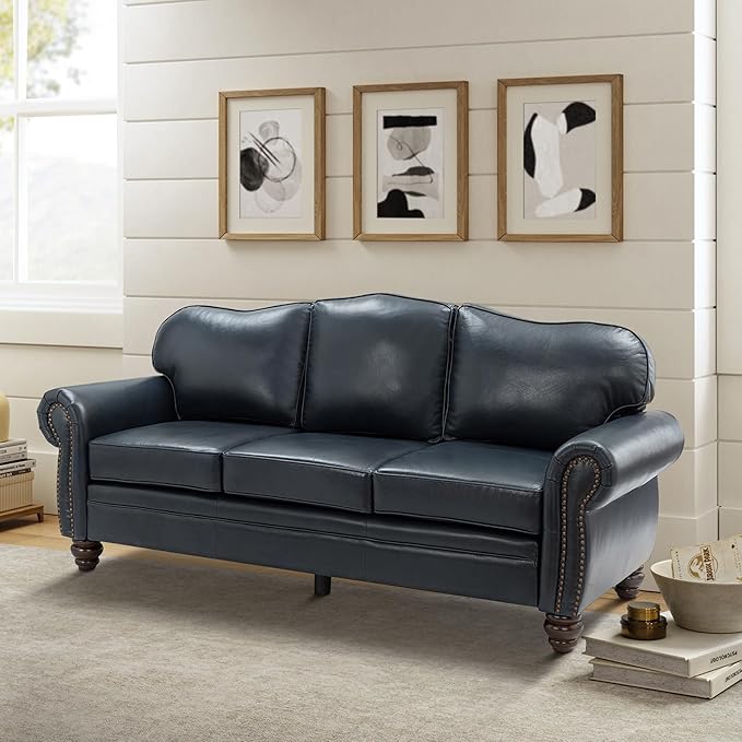 Classic 3-Seater Sofa with Premium Leather Upholstery, Stylish & Comfortable Sofa for Living Room or Office, Easy Assembly and Maintain & Long-Lasting, Navy