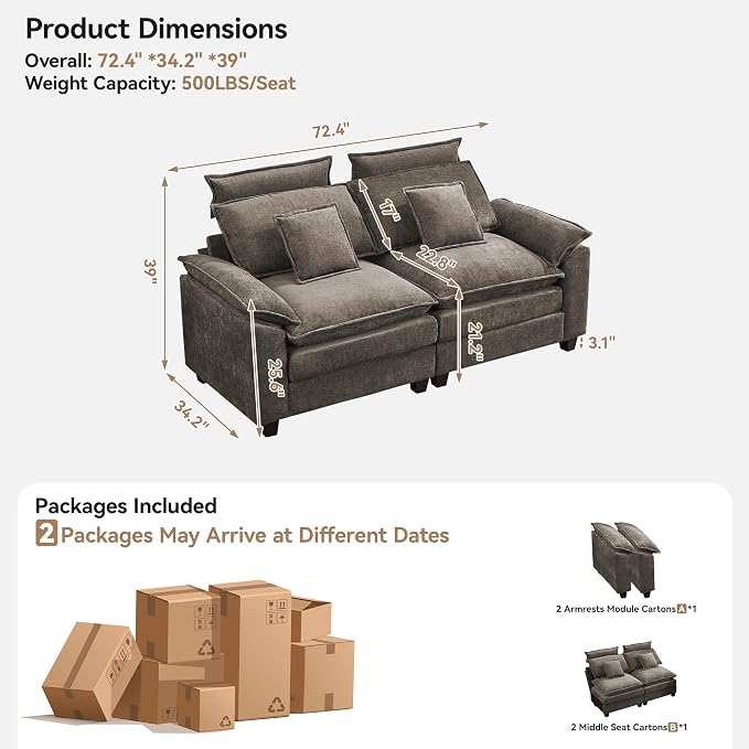 72'' Cloud Modern Loveseat Couch with Detachable Headrest, Modular Sectional Sofa Couch Deep Love Seat, Oversized 2 Seater Chenille Comfy Sofa with Armrests for Living Room, Brown