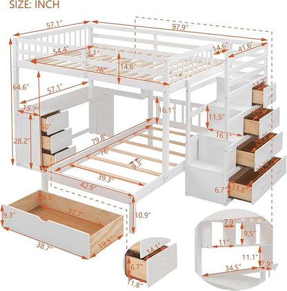 Merax Full Over Twin Bunk Bed with Desk, Drawers and Shelves, White