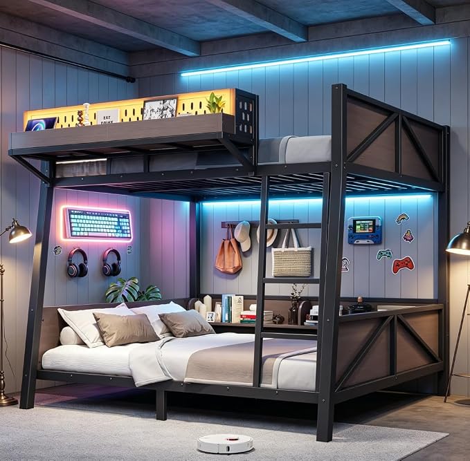 Bellemave Bunk Bed Full Over Full with LED, Heavy Duty Metal Bunk BedFrame with Storage Shelves and Lights, Black