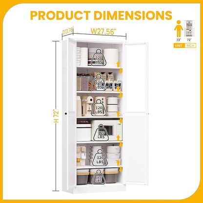 Pantry Cabinet with Glass Doors, 72” Kitchen Storage Cabinets with 5 Adjustable Shelves, Kitchen Pantry Cabinet with Ventilation Holes and Hooks for Home, Living Room, Pantry (White)