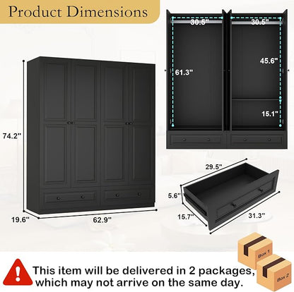 Armoire Wardrobe Closet with Drawers: 74" Bedroom Closet for Hanging Clothes, Black Wardrobes Closets with Doors, Modern Armoire Cabinet with Shelves (Black, 63")
