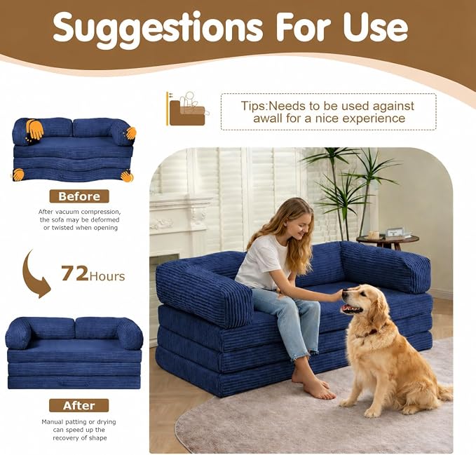 Convertible Sofa Bed Queen,5-in-1 Boneless Couch with Removable Armrests & Handle,Corduroy Futon Sleeper Sofa,Floor Folding Mattress Pull Out Bed for Small Space Apartment Living Room Bedroom,Blue