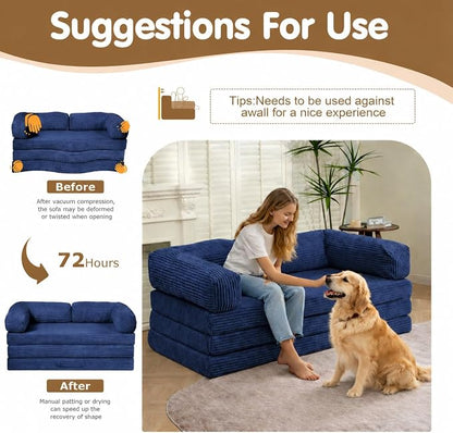 Convertible Sofa Bed Queen,5-in-1 Boneless Couch with Removable Armrests & Handle,Corduroy Futon Sleeper Sofa,Floor Folding Mattress Pull Out Bed for Small Space Apartment Living Room Bedroom,Blue