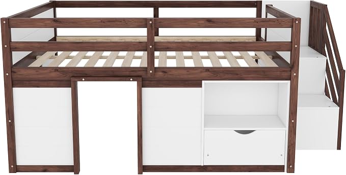 Bellemave Full Size Low loft Bed for Kids,Wood Loft Beds,Modern Farmhouse Full loft Bed,Loft Bed with Desk and Storage, No Box Spring Needed,for Kids, White + Walnut
