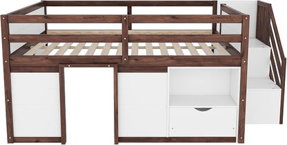 Bellemave Full Size Low loft Bed for Kids,Wood Loft Beds,Modern Farmhouse Full loft Bed,Loft Bed with Desk and Storage, No Box Spring Needed,for Kids, White + Walnut