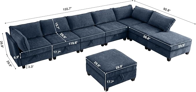 ORRD Oversized Modular Sectional Sofa Set, Convertible U Shaped Couch with Storage, 8 Seater Sofa Modular with Ottomans and Reversible Chaise for Living Room, Office (Blue Grey)