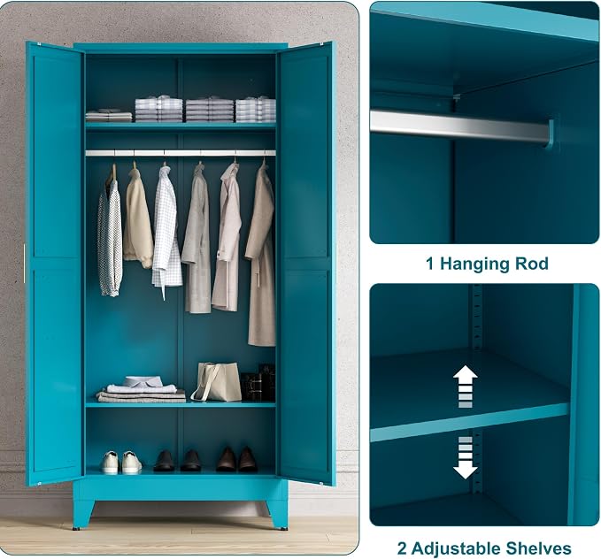 Washsemba 71'' Farmhouse Metal Wardrobe Cabinet with Hanging Rod, 2 Barn Door Wardrobe Closet with 2 Adjustable Shelves,for Dining Room,Bedroom,Living Room, Cloak Room,Office (Peacock Blue)