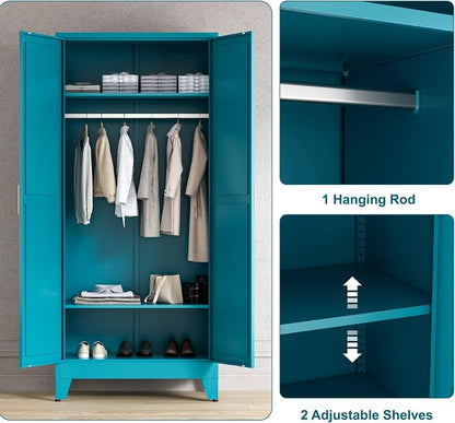 Washsemba 71'' Farmhouse Metal Wardrobe Cabinet with Hanging Rod, 2 Barn Door Wardrobe Closet with 2 Adjustable Shelves,for Dining Room,Bedroom,Living Room, Cloak Room,Office (Peacock Blue)