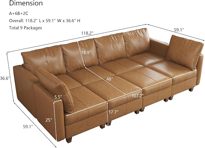 EASE MOOSE Modular Sectional Sofa Sleeper Couch with Storage,Faux Leather Sectional Large Moduar Sofa Bed,Brown
