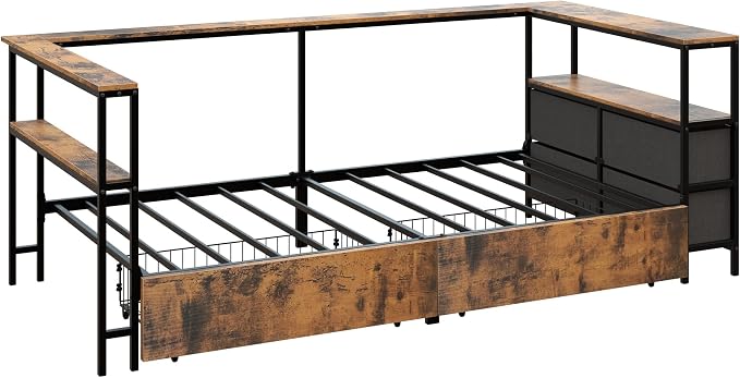 Bellemave Twin Corner Bed Frame with Desk and Storage, Twin Size Corner beds with Charging Station and LED Light, Wood Daybeds with L-Shaped Bookcase and Drawers, Black+Brown