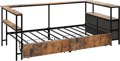 Bellemave Twin Corner Bed Frame with Desk and Storage, Twin Size Corner beds with Charging Station and LED Light, Wood Daybeds with L-Shaped Bookcase and Drawers, Black+Brown