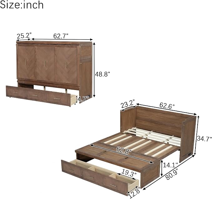 Bellemave Queen Size Murphy Bed with Charging Station and Storage, Farmhouse Murphy Bed with Foldable Panel for Guest Bedroom, Living Room, Office, Light Walnut