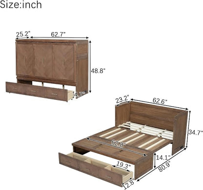 Bellemave Queen Size Murphy Bed with Charging Station and Storage, Farmhouse Murphy Bed with Foldable Panel for Guest Bedroom, Living Room, Office, Light Walnut