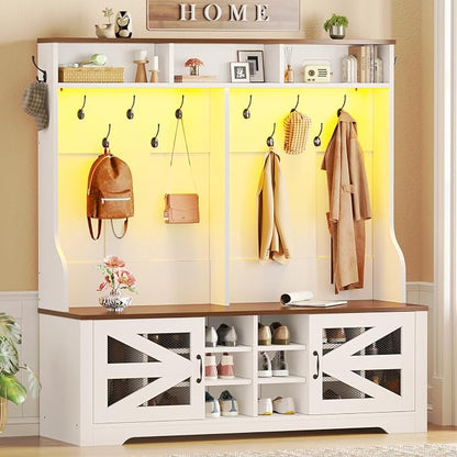 Itaar Hall Tree with Bench and Shoe Storage, 5-in-1 Entryway Bench with Coat Rack, 16 Shoe Cubbies & 12 Coat Hooks, Barn Door & Adjustable Shelf (White)