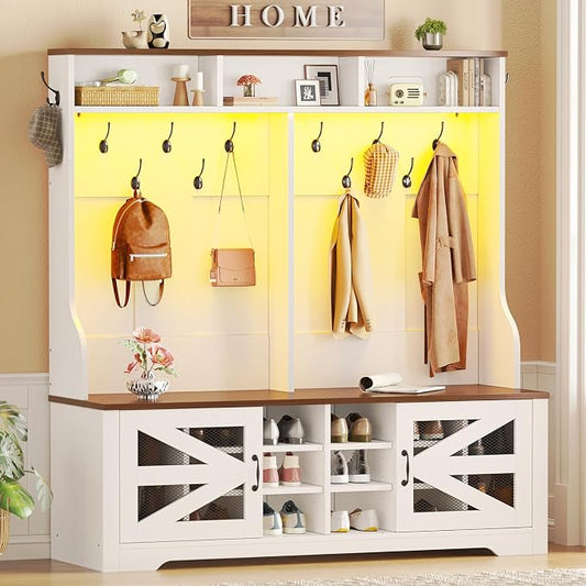 Itaar Hall Tree with Bench and Shoe Storage, 5-in-1 Entryway Bench with Coat Rack, 16 Shoe Cubbies & 12 Coat Hooks, Barn Door & Adjustable Shelf (White)