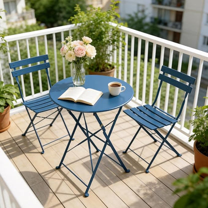 Grand patio 3-Piece Folding Bistro Set, 2 Chairs and 1 Table, Weather-Resistant Outdoor/Indoor Conversation Set for Patio, Yard, Garden -Peacock Blue