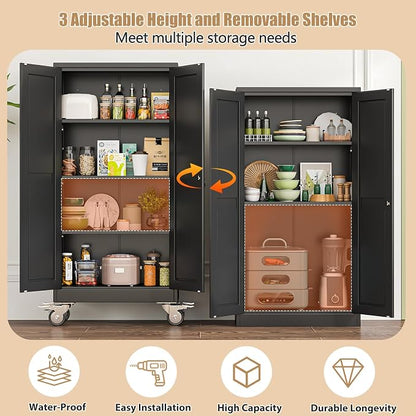 61" H Metal Pantry Storage Cabinet with Wheels,Rolling Kitchen Pantry Cabinet with 2 Doors and 3 Adjustable Shelves, Locker Steel Cabinet,Organization Cabinet for Garage,Home,Gym,School,Black