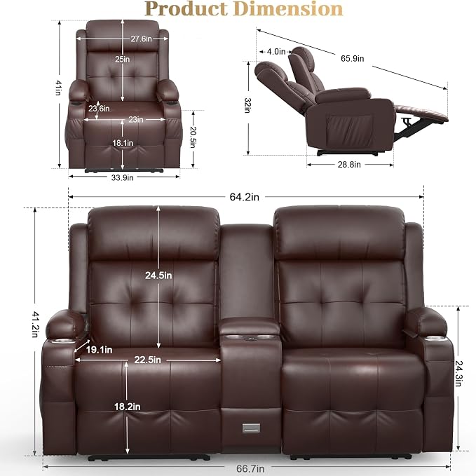 Reclining Loveseat, Massage Loveseat Recliner Sofa Heavy Weight Capacity, RV Love Seat Chair Clearance with Console, USB, Type C Port, Storage, Cup Holders, Wall Hugger Couch (Brown, 2+1)