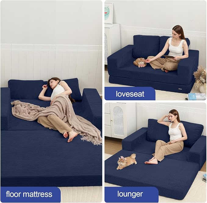 COMAX Futon Sofa Bed, Convertible Sofa Bed, Folding Boneless Couches | Boneless Couch for living room, 4‑in‑1 Fold Out Small Foldable Loveseat Floor Sleeper Mattress Lounge Space‑Saving, Navy
