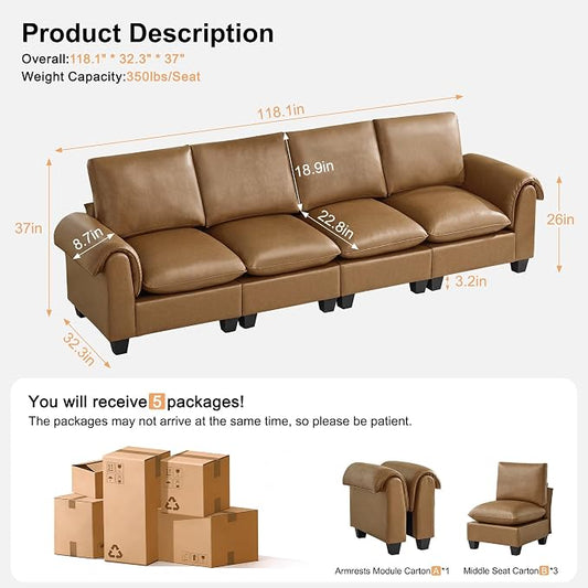 118" Faux Leather Modular Sectional Upholstered Sofa, Oversized 4 Seater Couch with Curved Armrests, Cloud Modern Upholstered Deep Seat Sofa for Living Room, Light Brown
