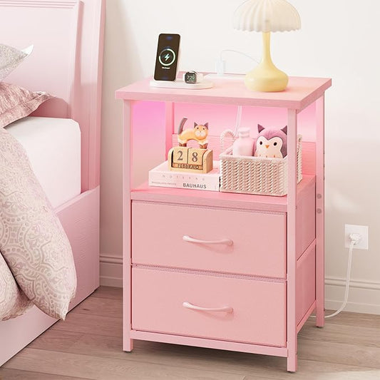 Fixwal Night Stand with Charging Station, LED Nightstand with U-S-B Ports and Outlets, 2 Fabric Storage Drawers with PU Finish, Small Bedside Table, Pink