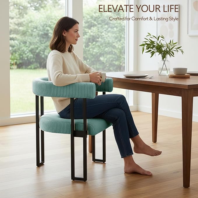 VIRRMO Boucle Dining Chair Set of 6 Corduroy Upholstered Dining Room Chairs Kitchen Chairs with Metal Legs Mid Century Modern Chair for Dining Room, Kitchen (Mint, 6)