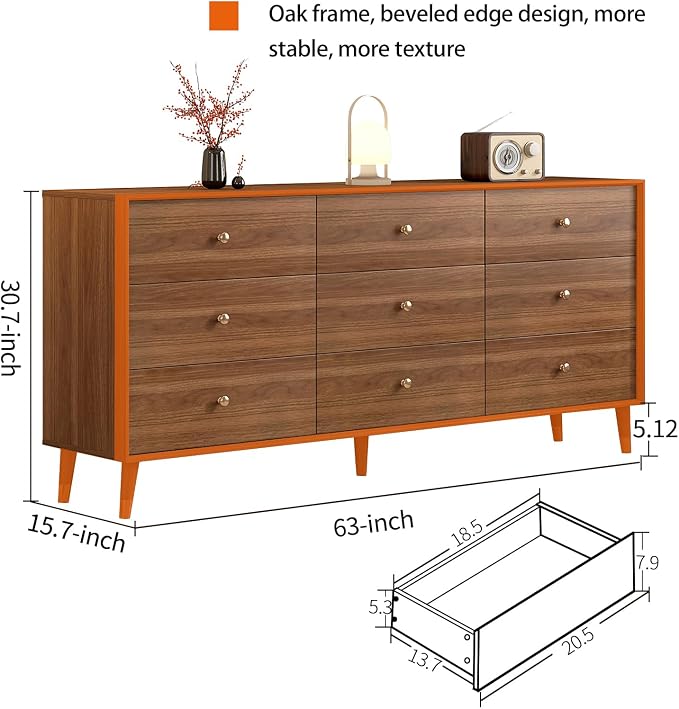 Messenya 9 Drawer Dresser for Bedroom, 63 Inch Walnut Dresser for Closet, Mid Century Wood Chest of Drawers with Natural Texture & Pre-Embedded Slots for TV Stand, Living Room, Hallway, Office